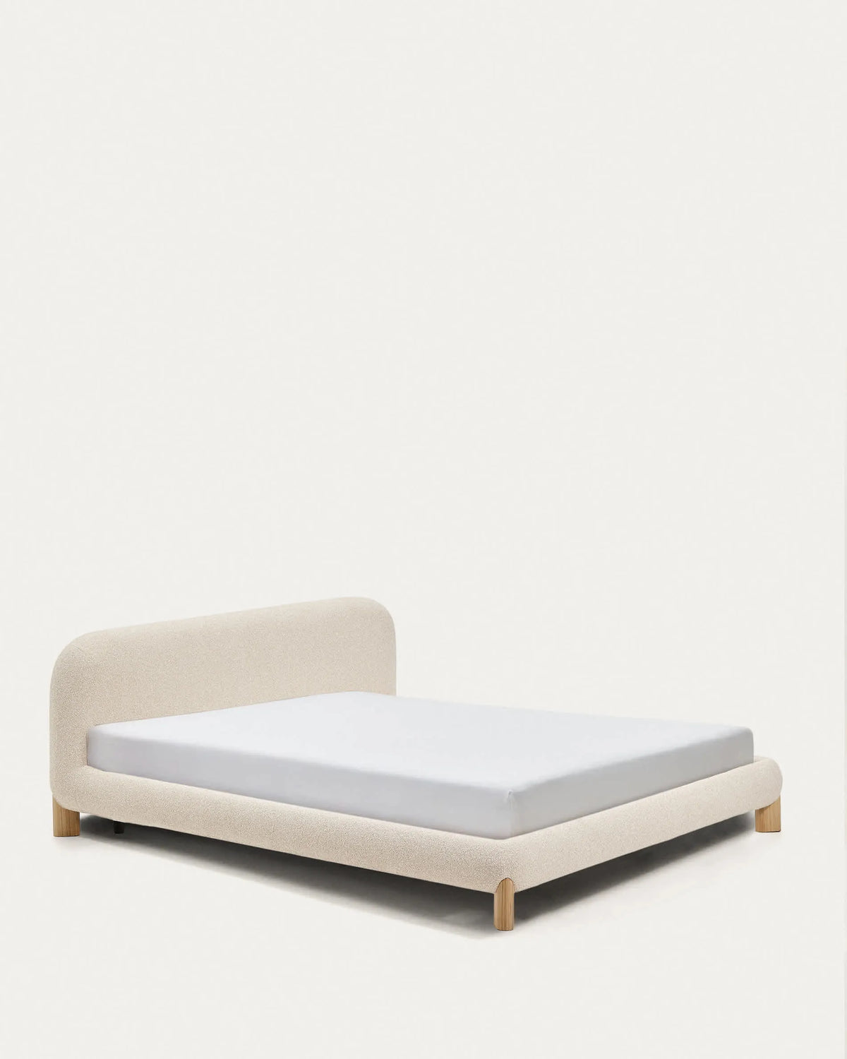 Ecru Bouclé Japandi Bed with Light Wood Legs 180x200cm