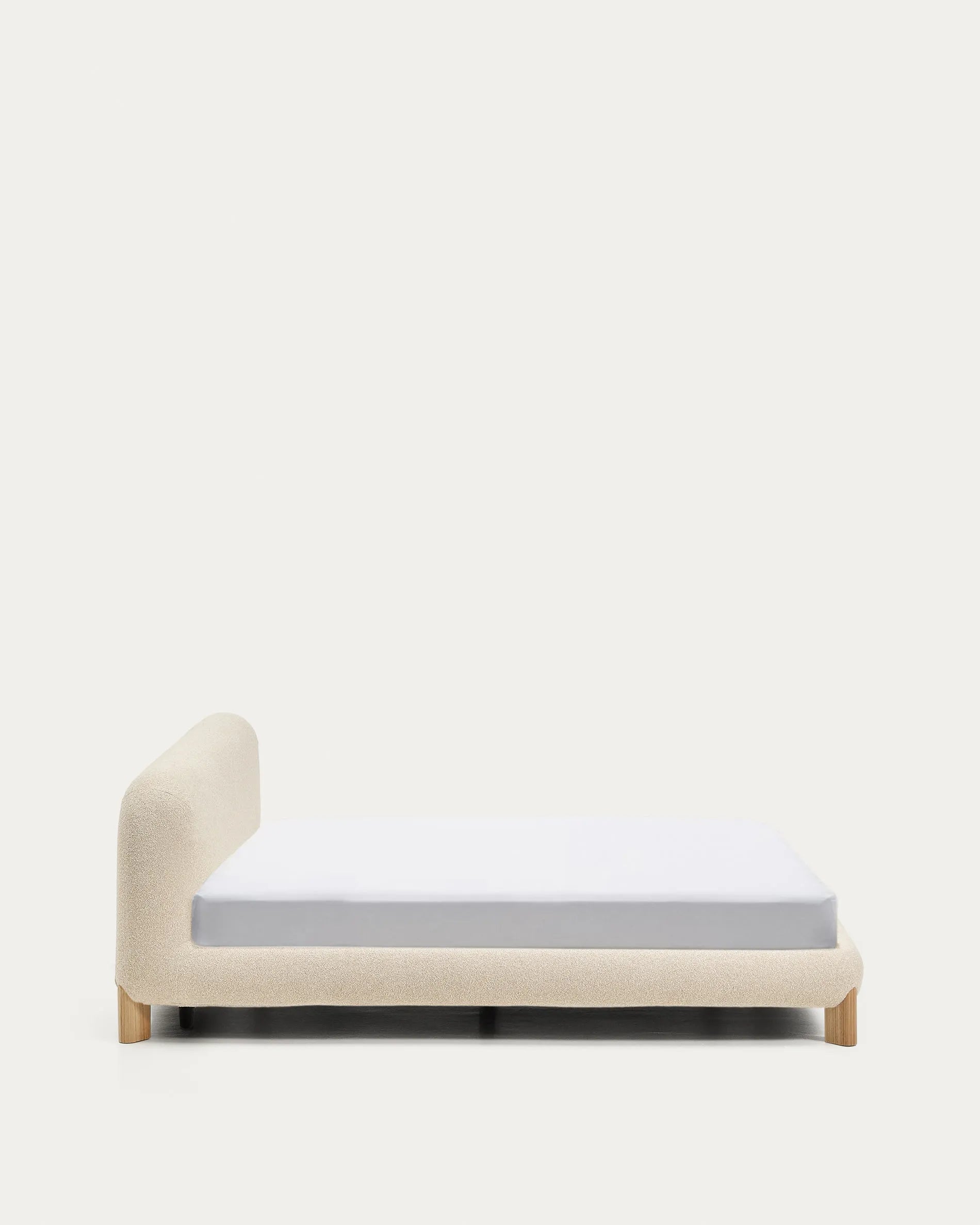 Ecru Bouclé Japandi Bed with Light Wood Legs 180x200cm