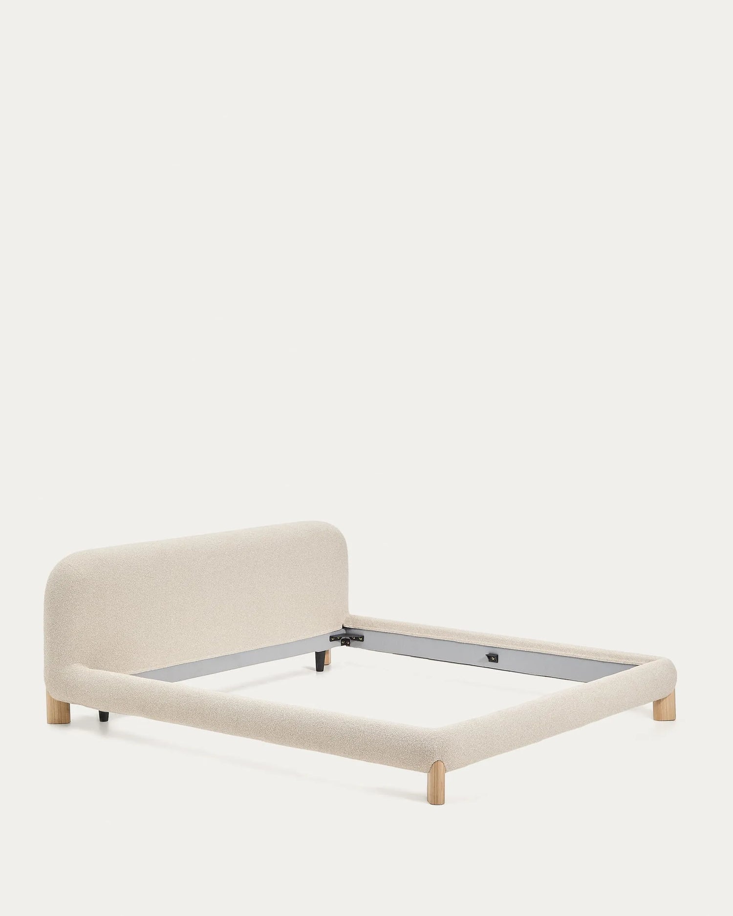 Ecru Bouclé Japandi Bed with Light Wood Legs 180x200cm