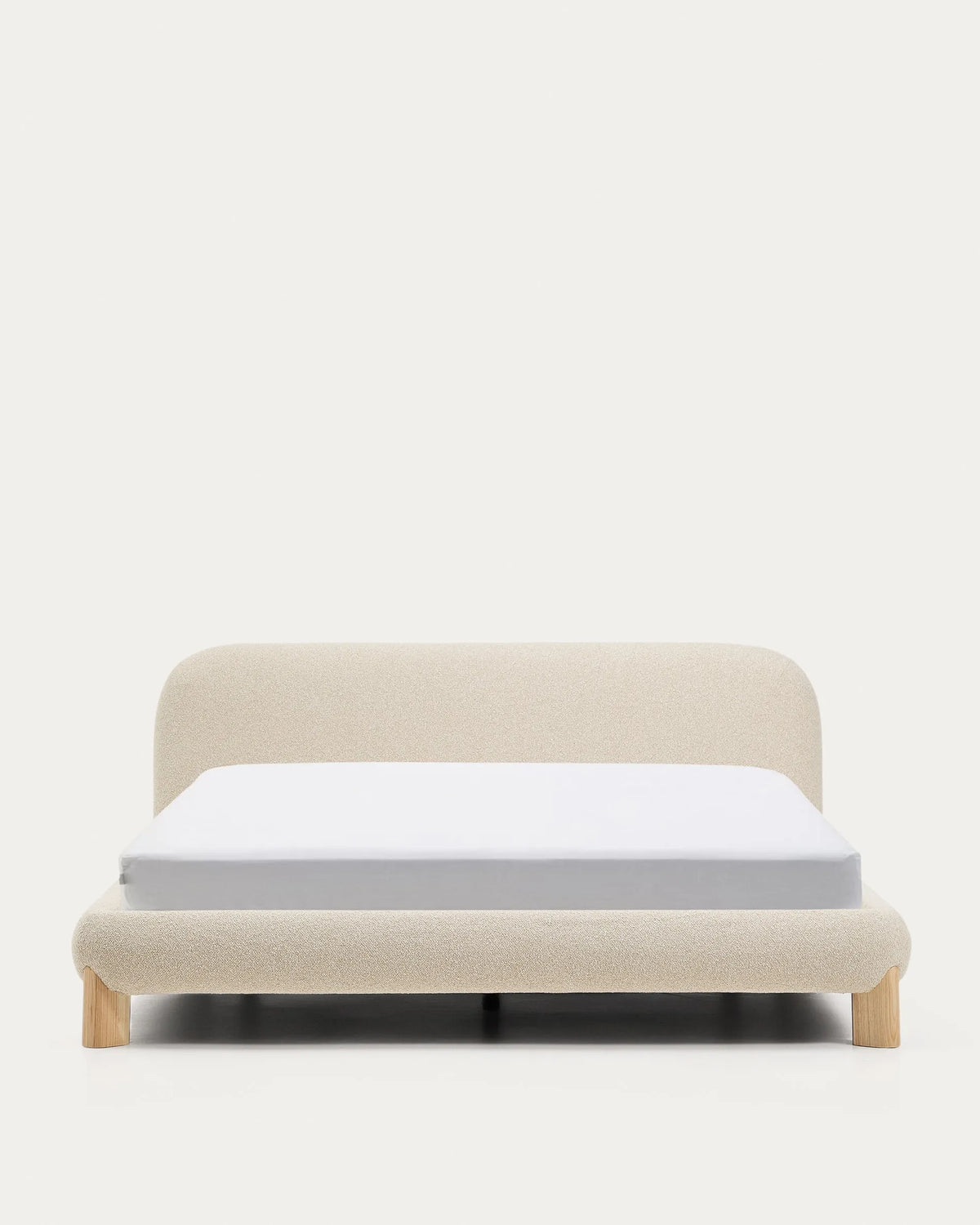 Ecru Bouclé Japandi Bed with Light Wood Legs in bouclé fabric