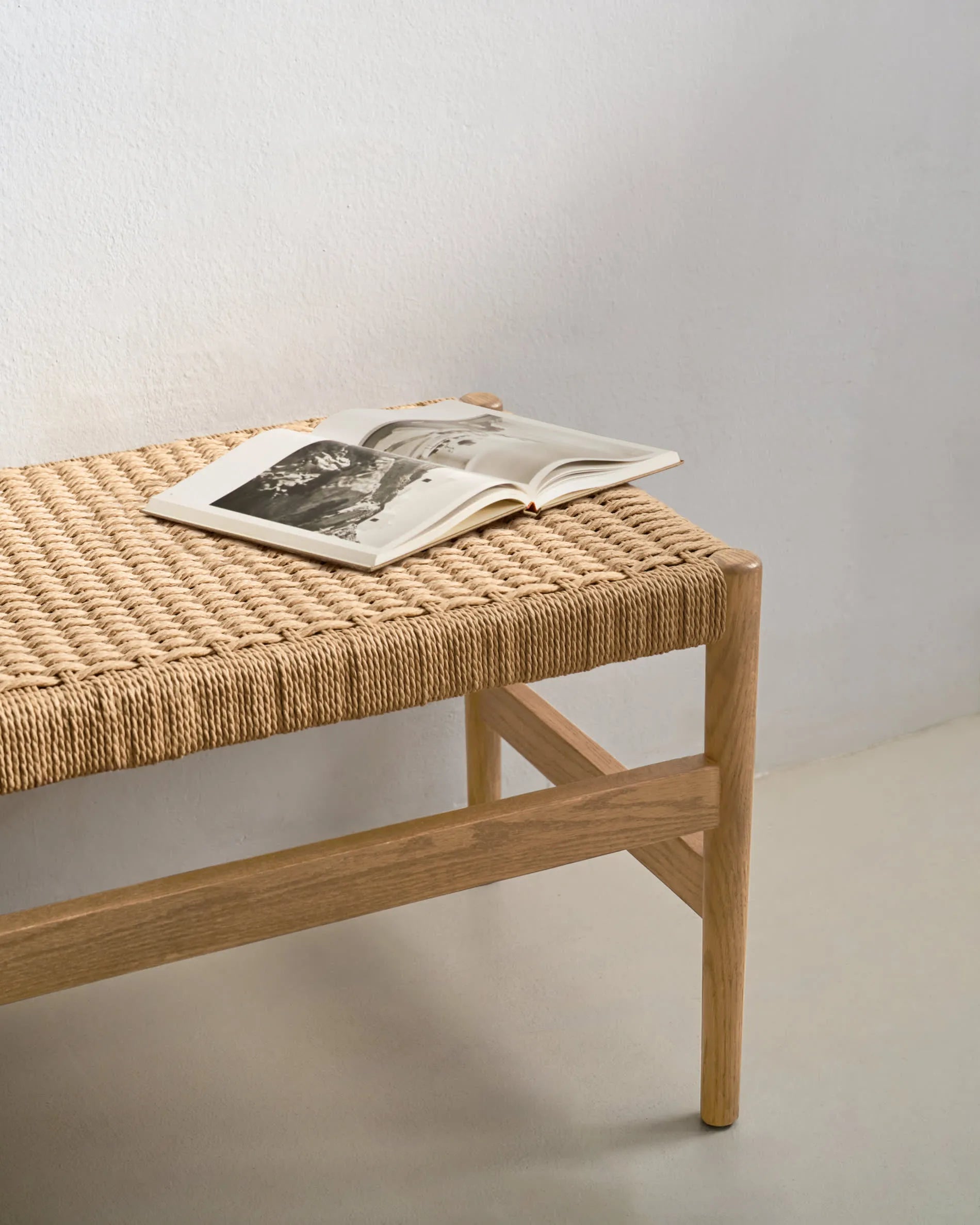 Japandi Wood Bench with Woven Ropes