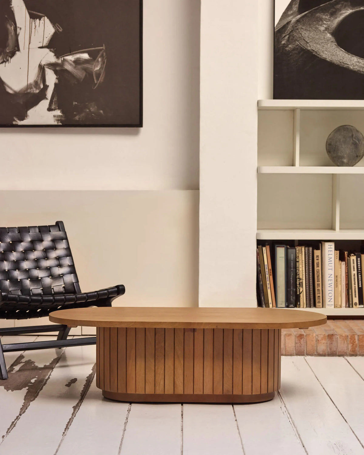Japandi Coffee Table with Slatted Wood Base