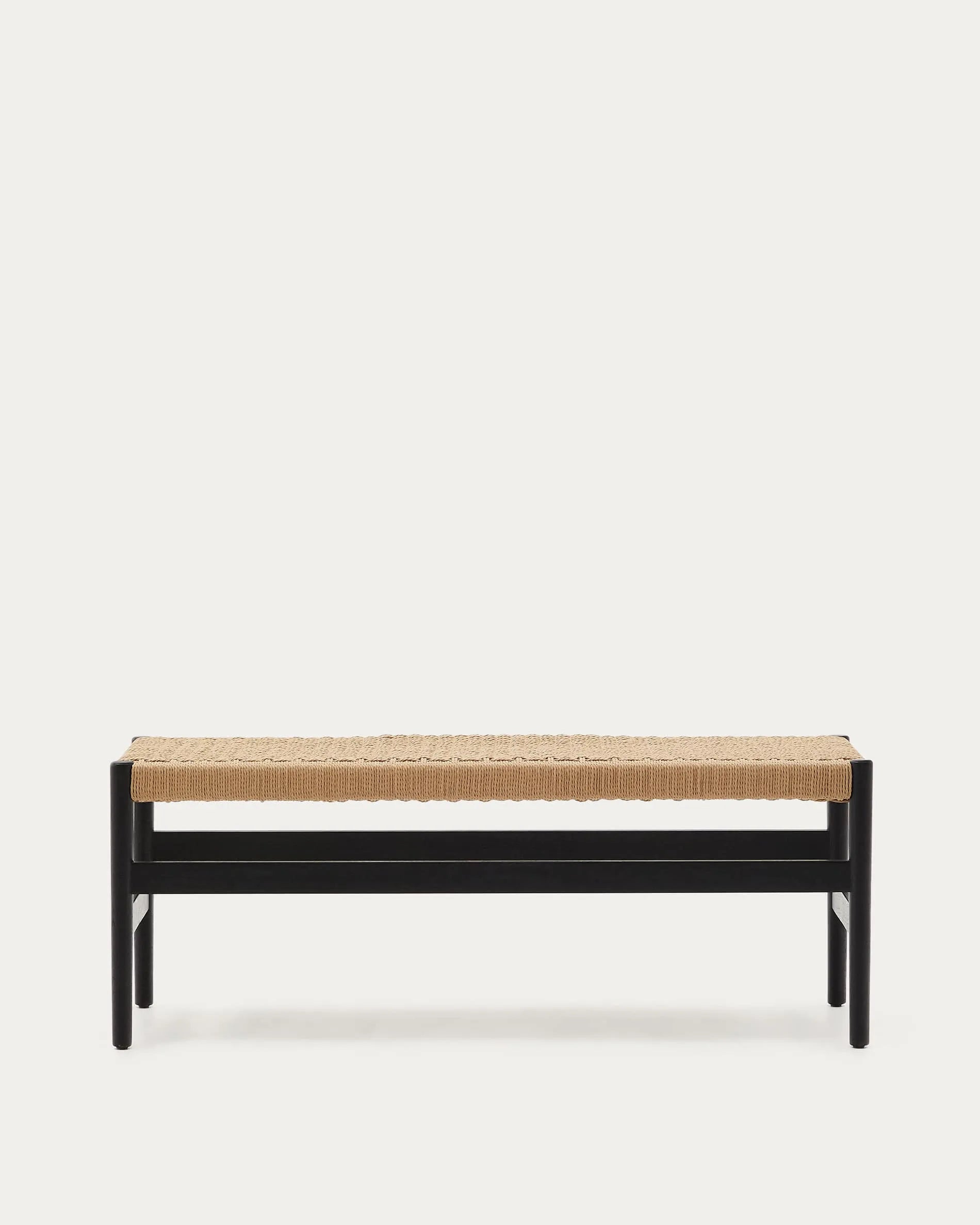 Black Wood Japandi Bench with Woven Cord in solid oak