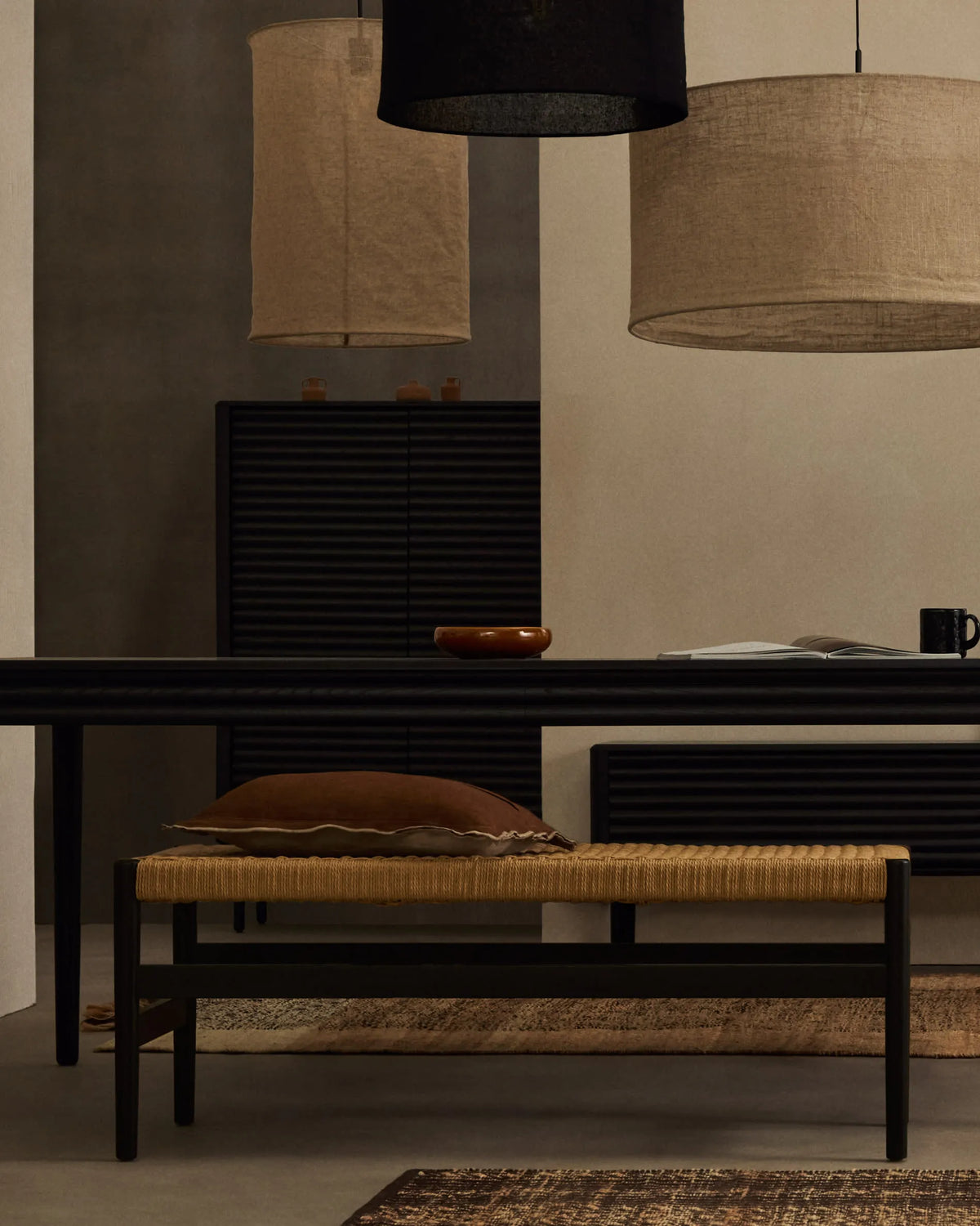 Black Wood Japandi Bench with Woven Cord