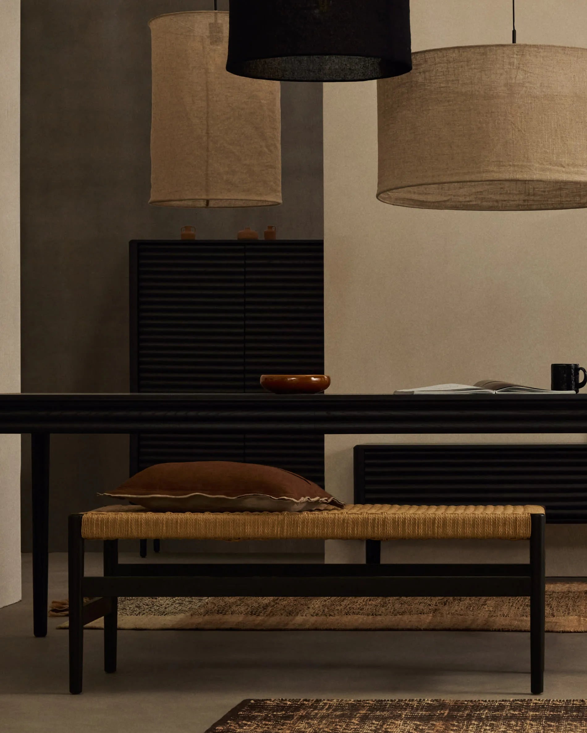 Black Wood Japandi Bench with Woven Cord