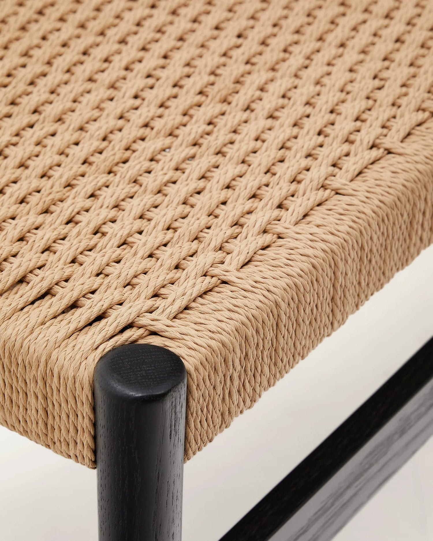 Black Wood Japandi Bench with Woven Cord