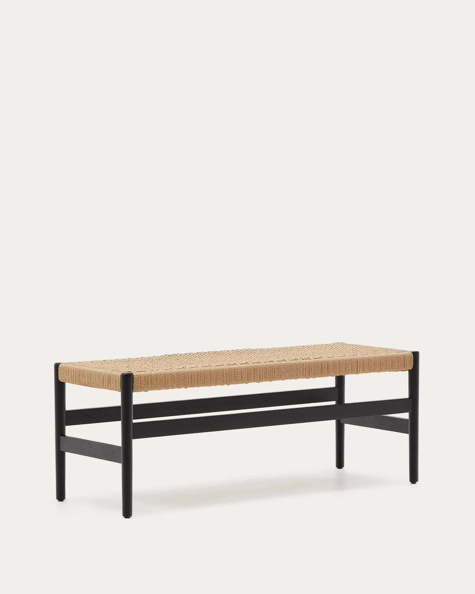 Black Wood Japandi Bench with Woven Cord