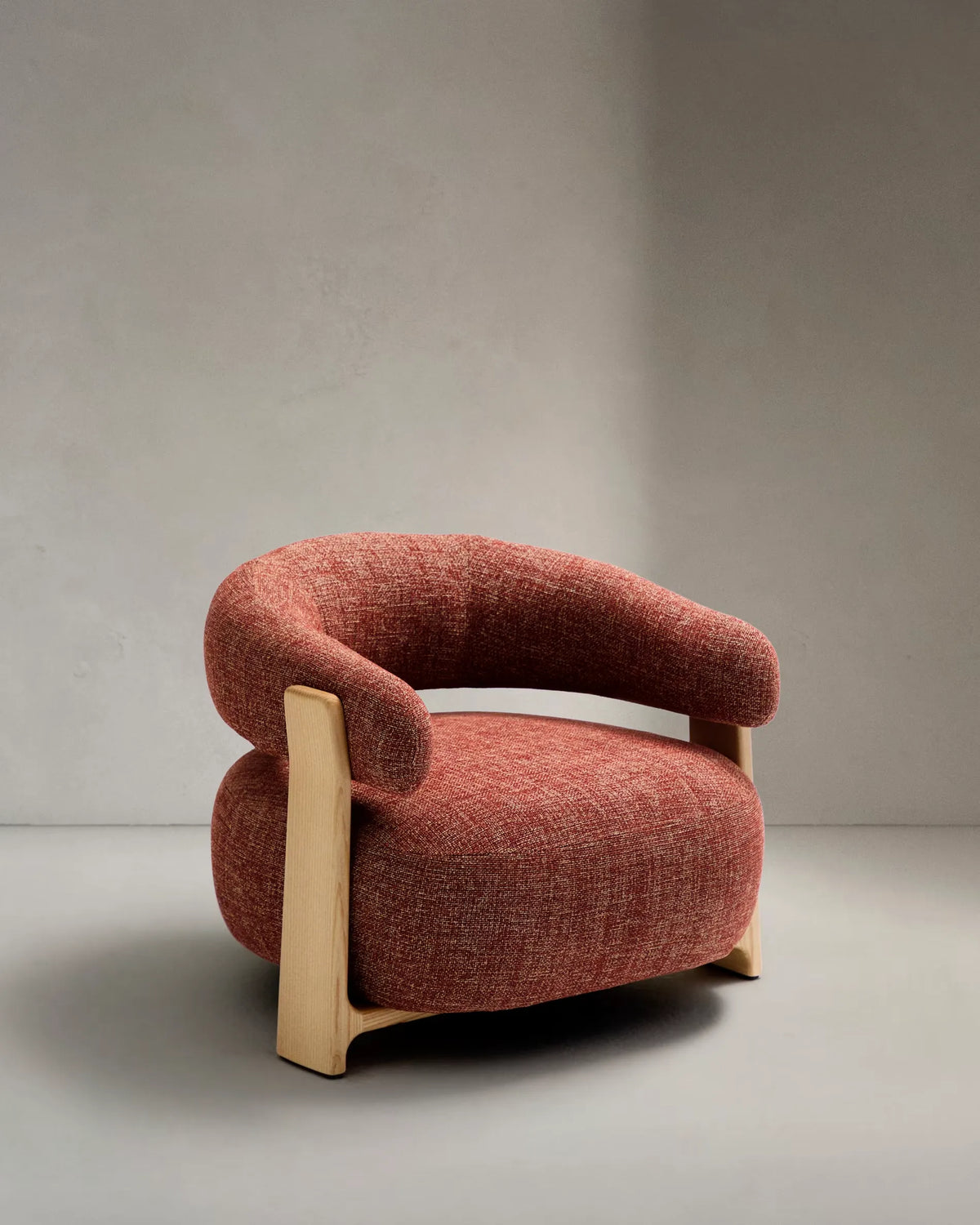 Terracotta Chenille Japandi Armchair in recycled chenille fabric