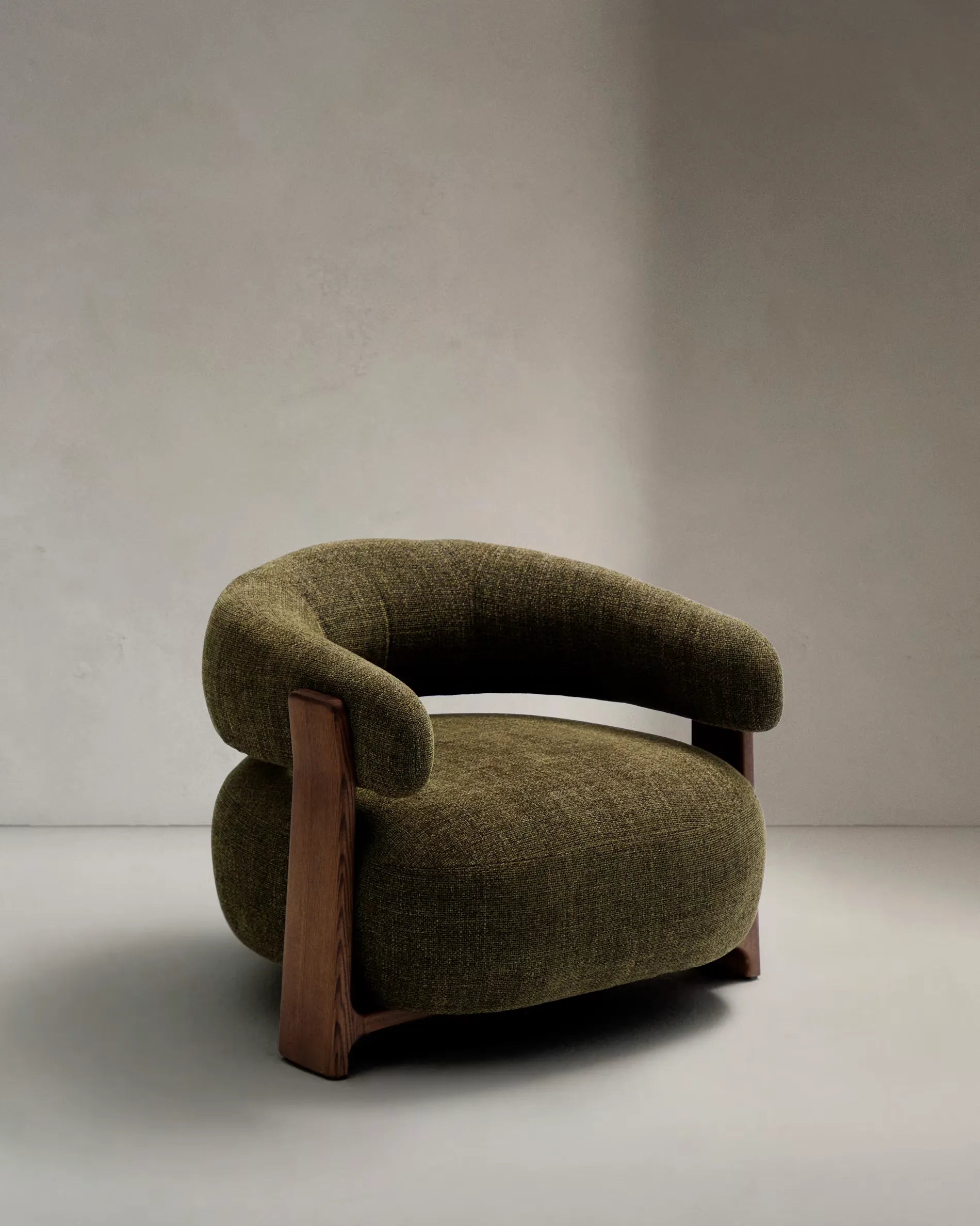 Green Chenille Japandi Armchair in recycled chenille fabric
