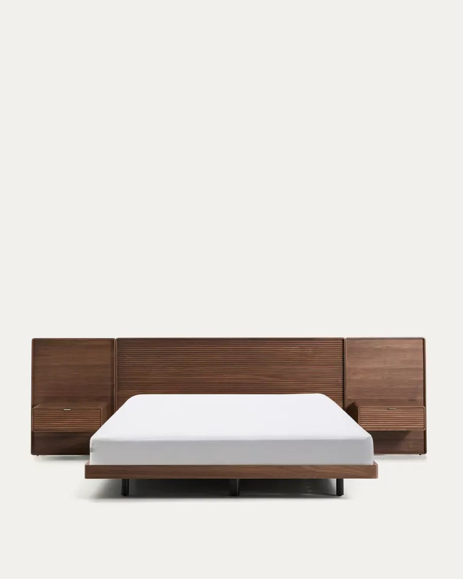 Walnut Veneer Japandi Bed with Tables 180x200cm