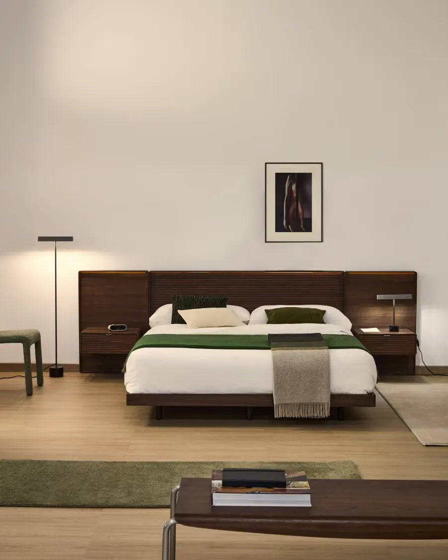 Walnut Veneer Japandi Bed with Tables 180x200cm in milled walnut veneer