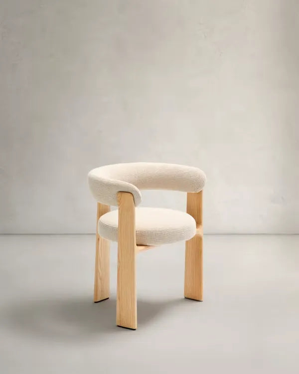 Beige Chenille Japandi Chair Natural Finish