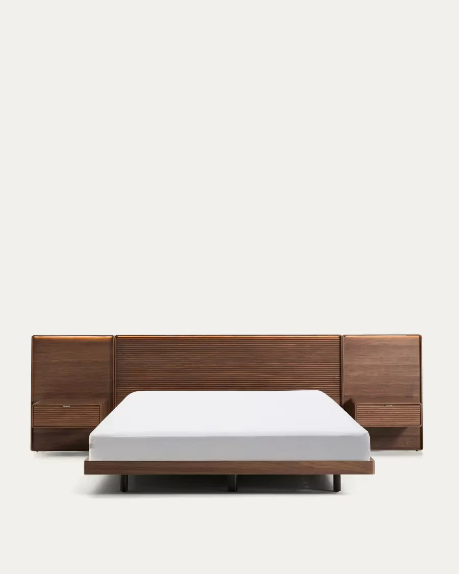 Walnut Veneer Japandi Bed with Tables 180x200cm