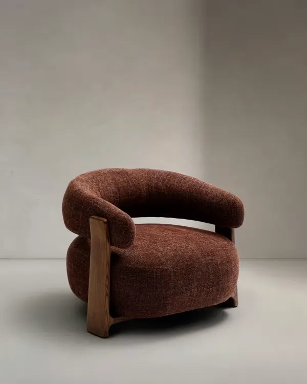 Brown Chenille Japandi Armchair in recycled chenille fabric