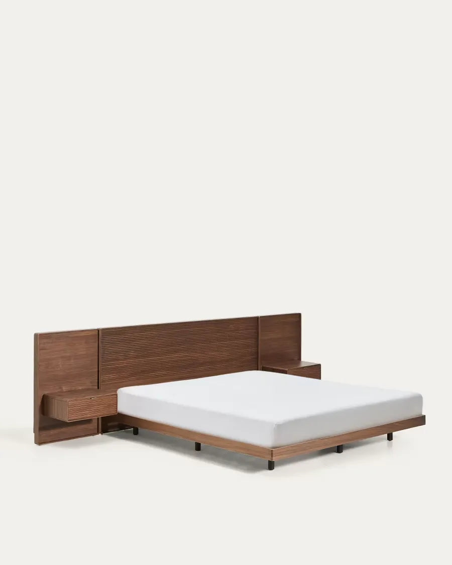 Walnut Veneer Japandi Bed with Tables 180x200cm