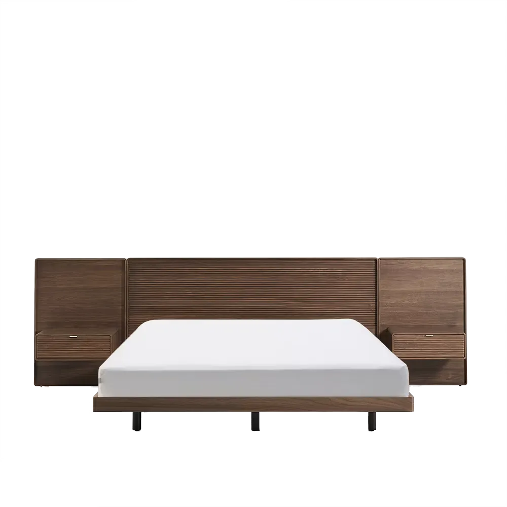 Walnut Veneer Japandi Bed with Tables 180x200cm